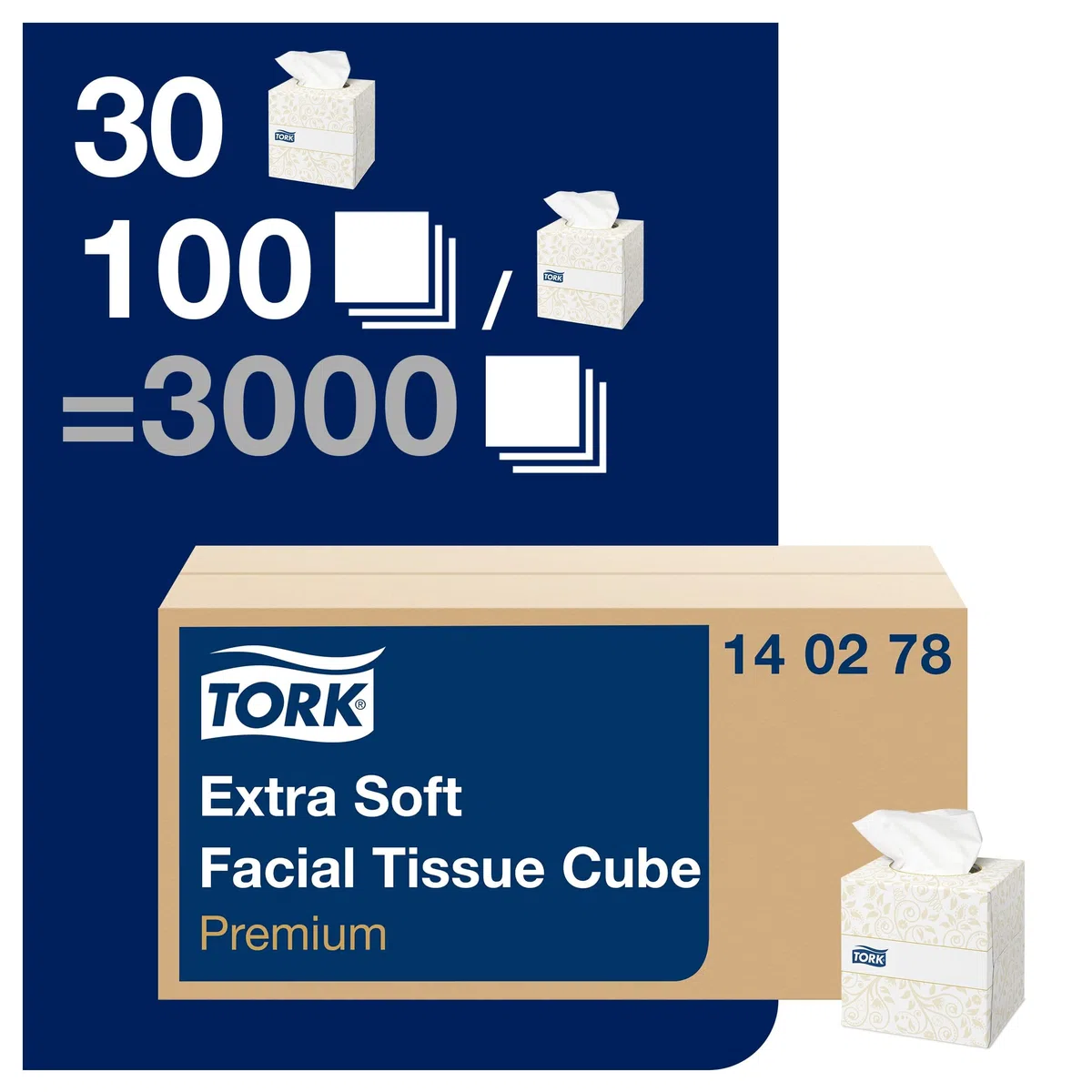 Tork 140278 Veline per il viso Premium Extra Soft cubo, 2 veli, 30 confezioni x 100 panni (3000 pz), 20,9 cm x 20 cm, resistente, bianco