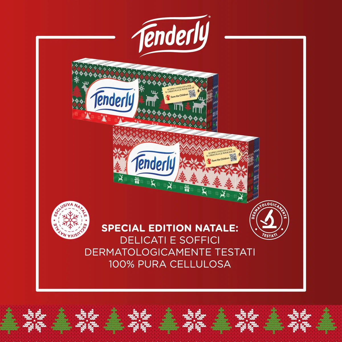 Tenderly Fazzoletti Natale 4 veli, 16 Confezioni da 10 Pacchetti assortiti, Scatola Assortita con 2 Varianti di stecca, Pacchettini con decoro assortito a tema natalizio.