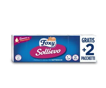 FOXY FAZZOLETTI 4 VELI SOLLIEVO CON BALSAMO VITAMINA E 10+2 PZ. - CARTONE DA 25 CONFEZIONI DA 12 PACCHETTI