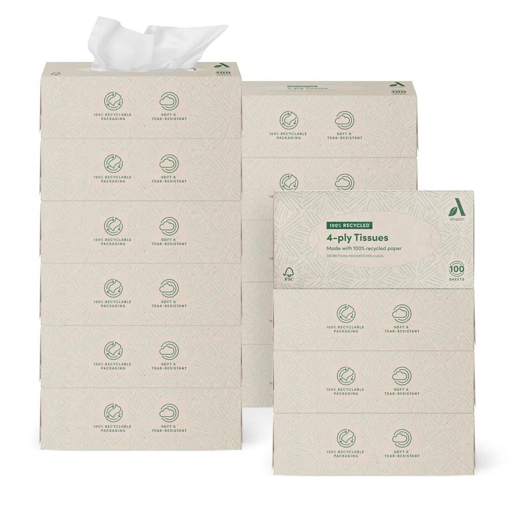 Amazon Aware 4 strati Fazzoletti per il viso in carta riciclata al 100%, 1500 unità, 15 confezioni da 100 ogni
