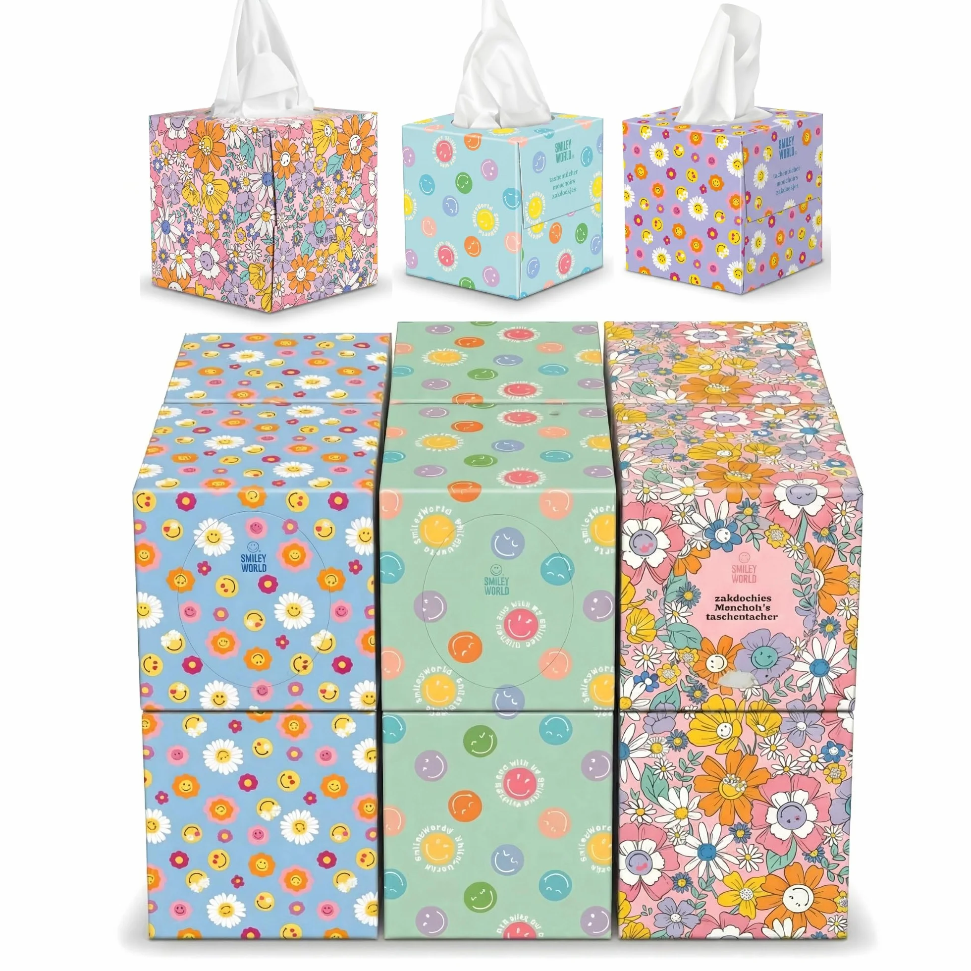 SMILEYWORLD Fazzoletti di Carta 3 Veli – 576 Fogli (12 Scatole Cubo x 48) – Fazzoletti Ultra Morbidi e Resistenti – Scatola Fazzoletti Design (BLOOM EDITION)