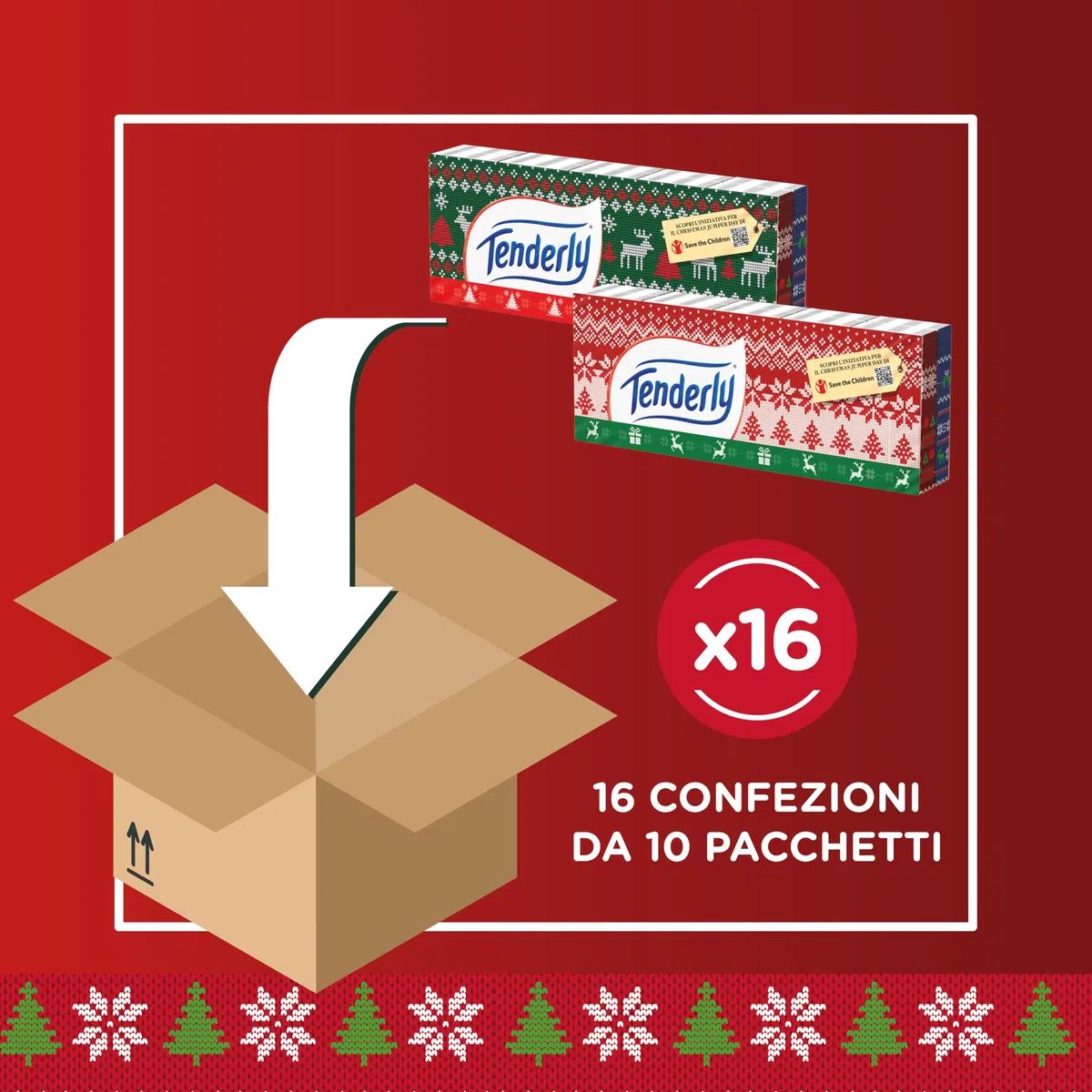 Tenderly Fazzoletti Natale 4 veli, 16 Confezioni da 10 Pacchetti assortiti, Scatola Assortita con 2 Varianti di stecca, Pacchettini con decoro assortito a tema natalizio.