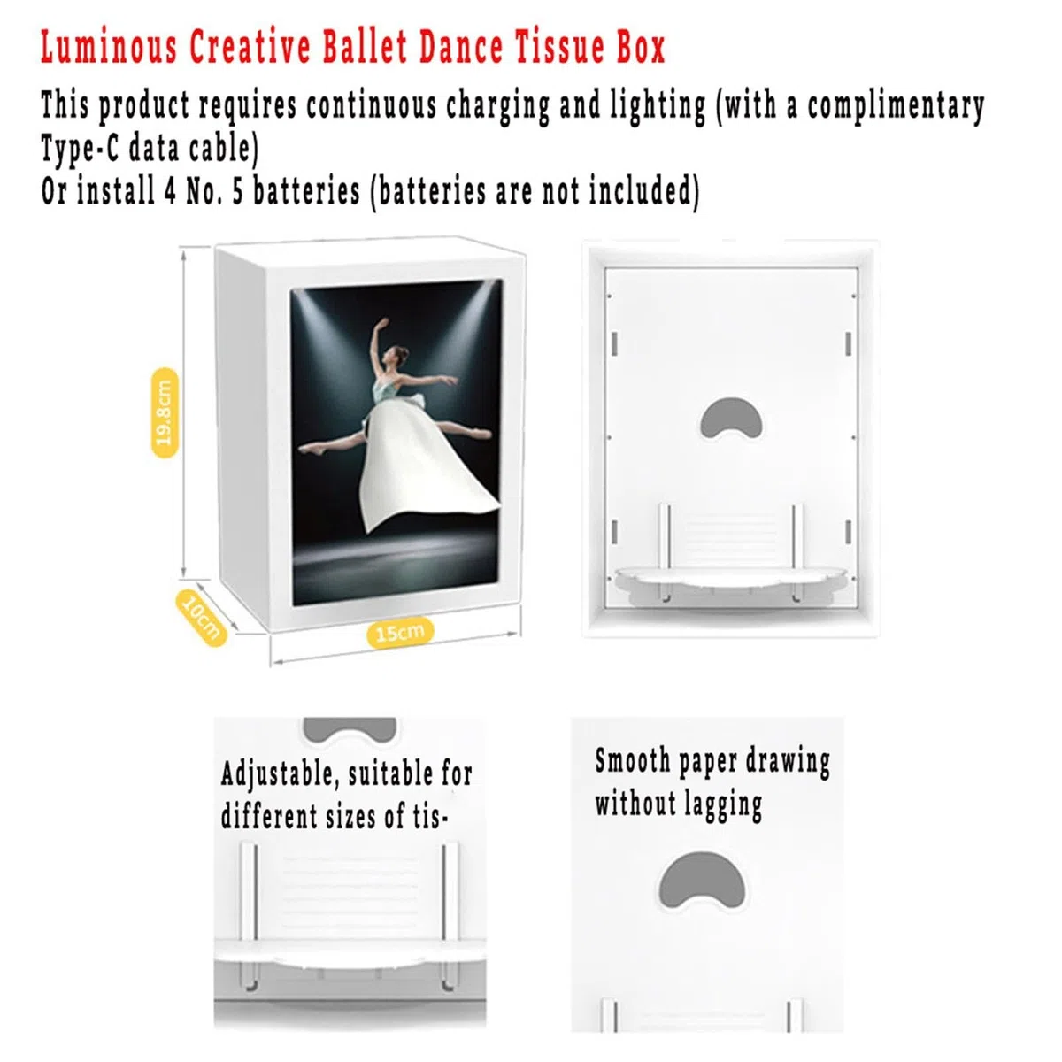 Porta Fazzoletti Decorativo a Forma di Ballet Box, Porta Fazzoletti Creativa con Luce Integrata per Scrivania, Camera da Letto e Soggiorno, 15 x 10 x 19,8 Cm