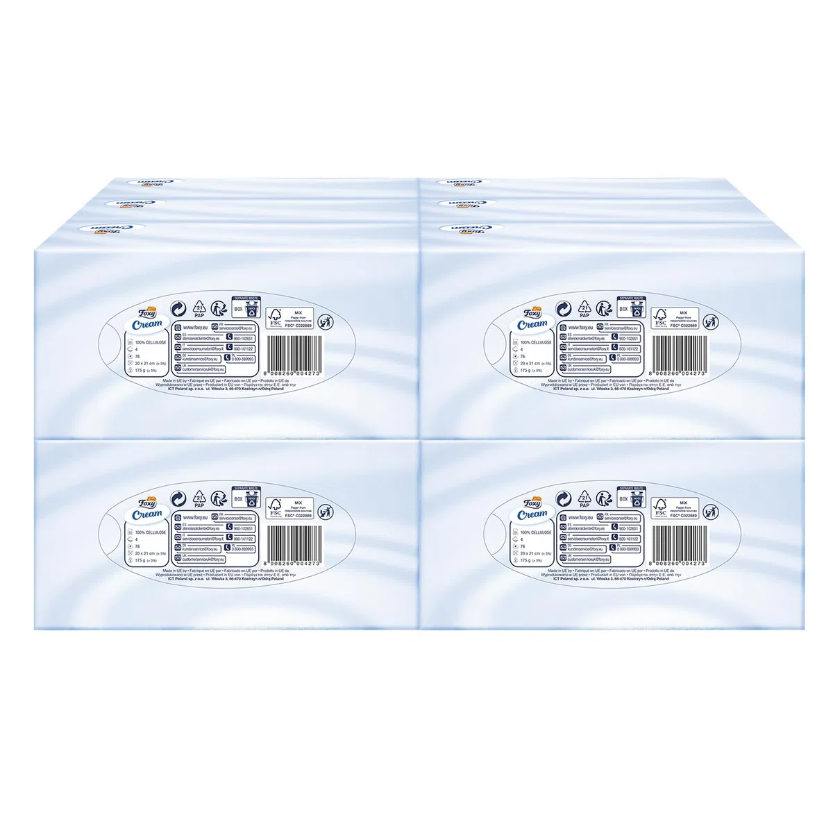 Foxy Crema | Fazzoletti per il viso in scatola | 12 scatole da 76 fazzoletti 4 strati | Con crema idratante | Certificazione FSC | 100% energia elettrica rinnovabile | Confezione 100% riciclabile