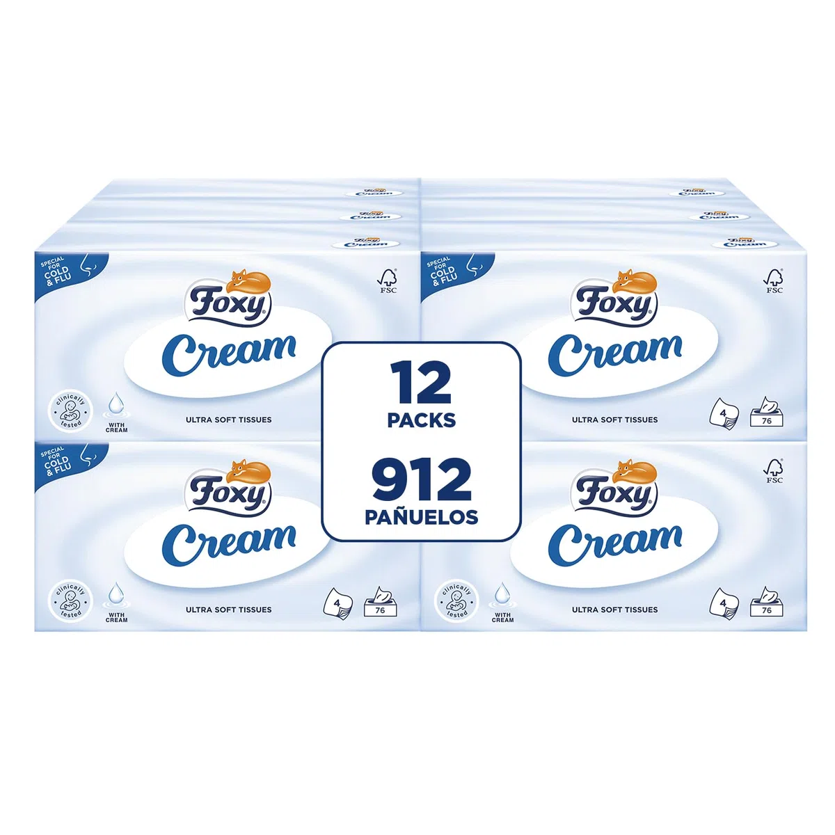 Foxy Crema | Fazzoletti per il viso in scatola | 12 scatole da 76 fazzoletti 4 strati | Con crema idratante | Certificazione FSC | 100% energia elettrica rinnovabile | Confezione 100% riciclabile