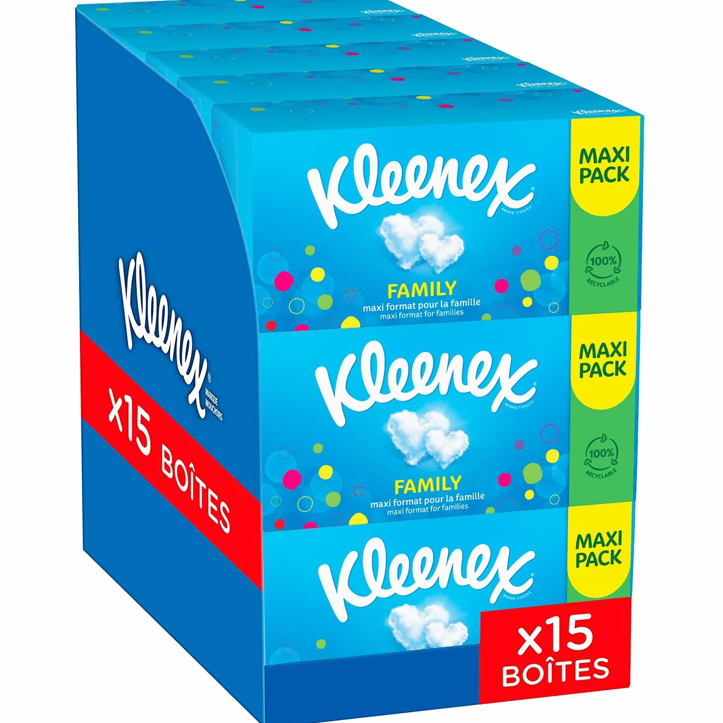 KLEENEX - Fazzoletti scatola maxi-pack Family (15 scatole da 128 fazzoletti) - formato ideale per tutta la famiglia - Made in France