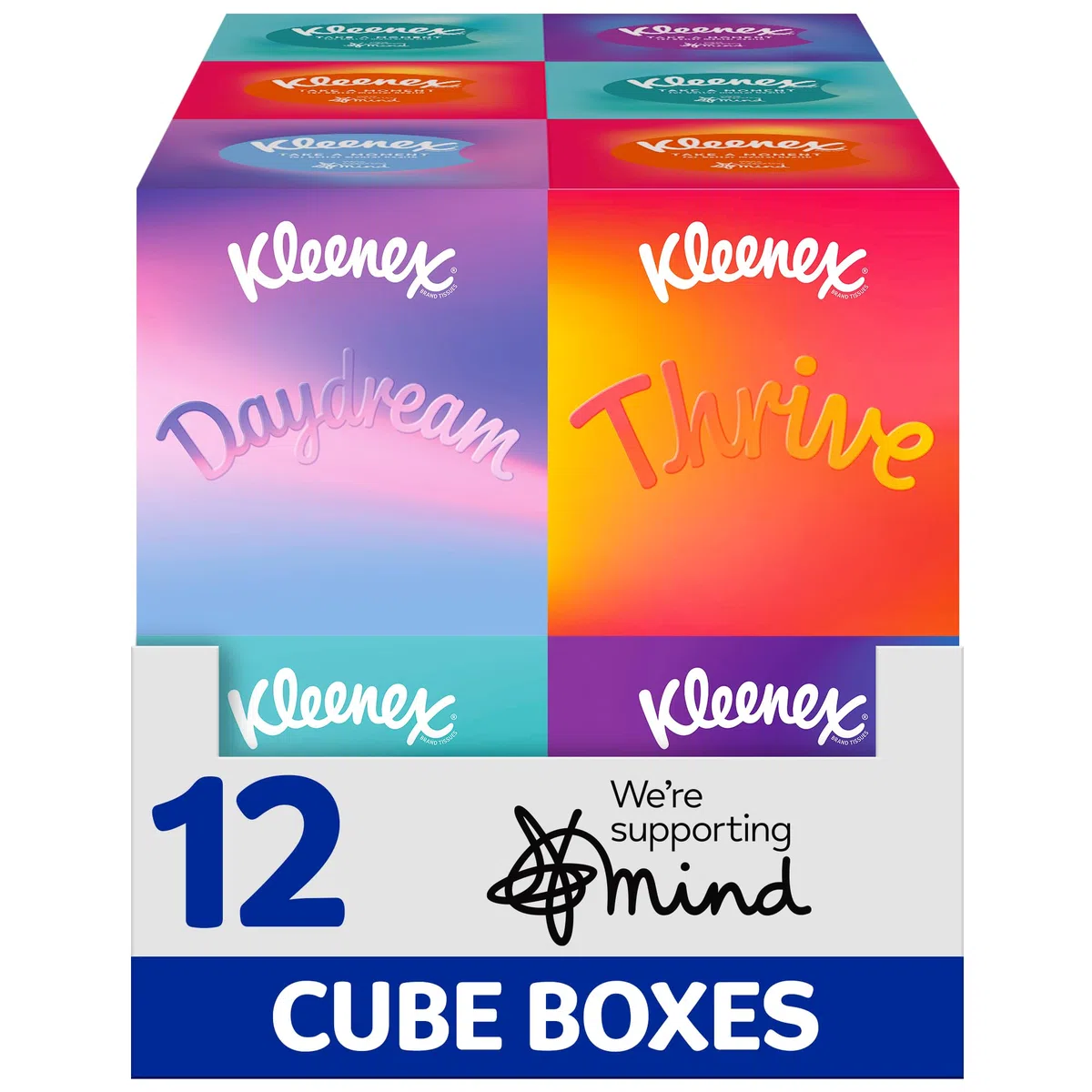 Kleenex Fazzoletti della collezione Take a Moment - 12 scatole cubiche per fazzoletti - In Aid of Mind - Contiene 4 motivi diversi