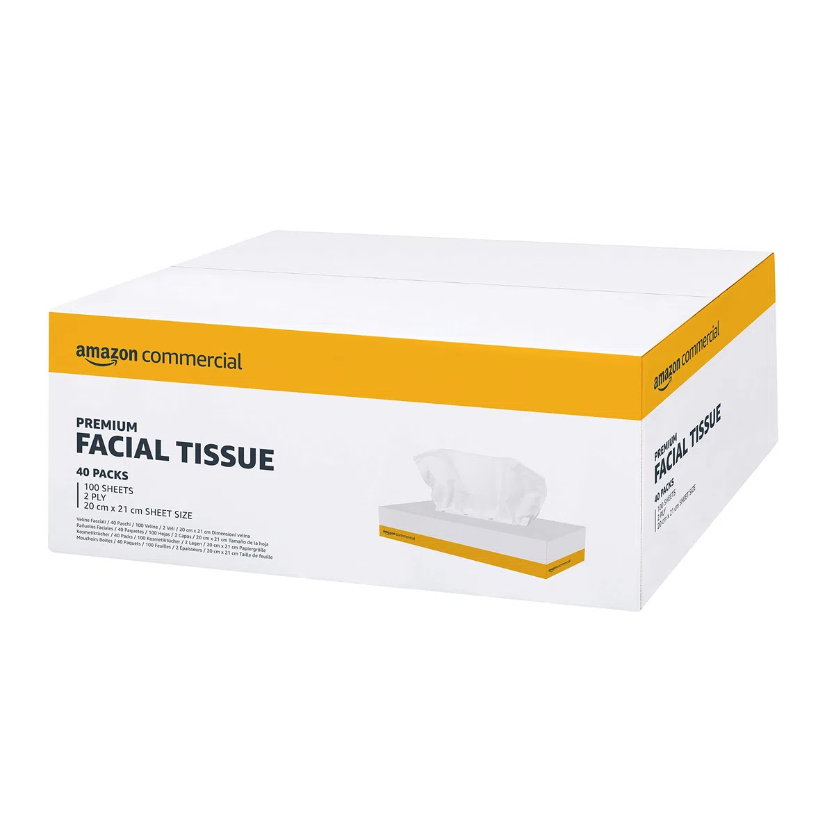 AmazonCommercial Fazzoletti per Viso, Premium 2 Veli, 4000 Strappi (40 Confezioni da 100), Dimensioni Foglio: 20cm x 21cm