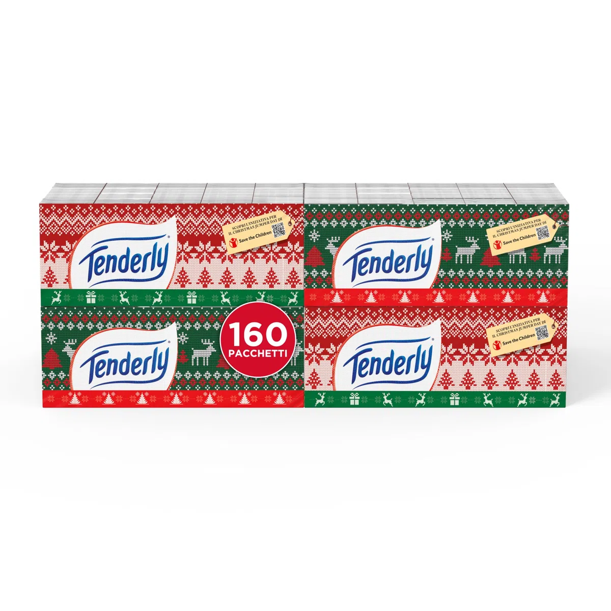 Tenderly Fazzoletti Natale 4 veli, 16 Confezioni da 10 Pacchetti assortiti, Scatola Assortita con 2 Varianti di stecca, Pacchettini con decoro assortito a tema natalizio.
