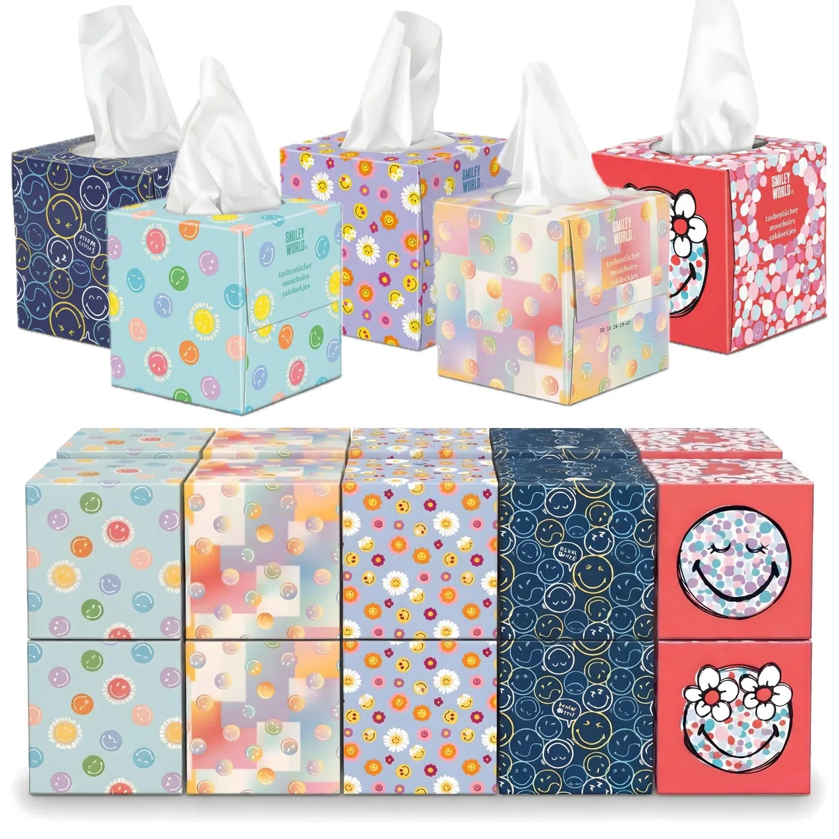 SMILEYWORLD Fazzoletti di Carta 3 Veli – 960 Fogli (20 Scatole Cubo x 48) – Fazzoletti Ultra Morbidi e Resistenti – Scatola Fazzoletti Design (POP EDITION)