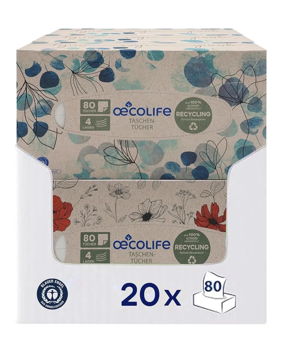 oecolife - Fazzoletti rigenerati, a 4 strati, 1600 salviette, confezione da 80 pezzi, senza plastica, in diversi motivi di imballaggio, sostenibili, morbidi e delicati